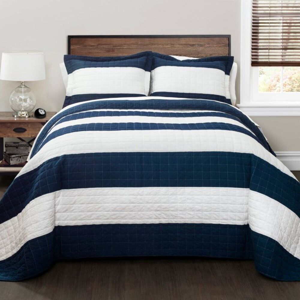 Lush Decor - Stripe Quilt 3 Piece Set (Full/Queen) Navy/White - Navy/White